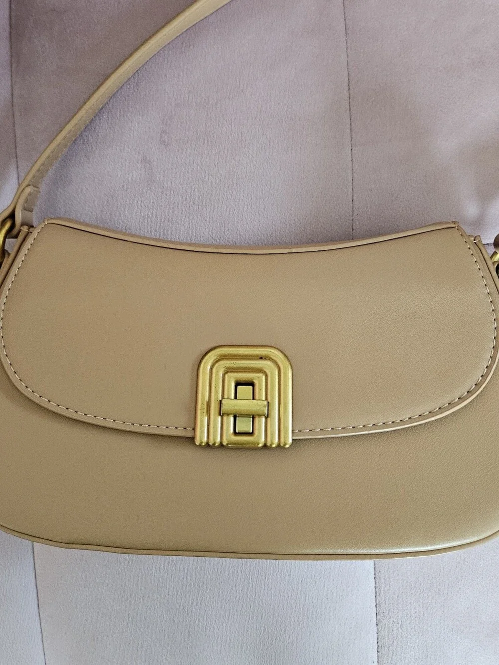 Miztique Tan Faux Leather Small Satchel Bag Golden Accent